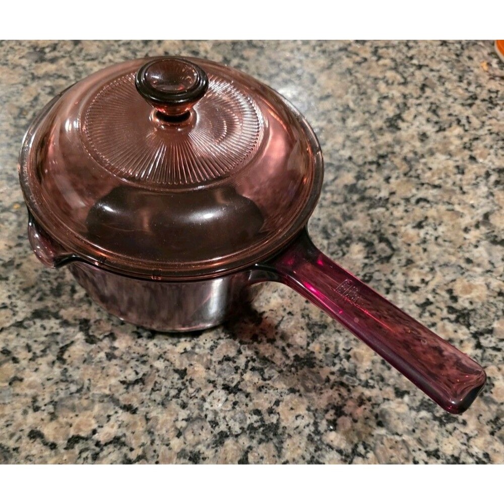 Corning PYREX Vision Ware 1 L Cranberry Glass Pot Sauce Pan/Lid Teflon